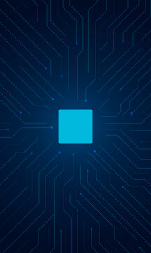 Low poly vertical microchip circuit board with glowing blue processor. Futuristic technology background vector for artificial intelligence, semiconductor, cybersecurity, and digital computing