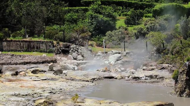 Natural geothermal pools in the volcanic area at Furnas, Azores, Portugal