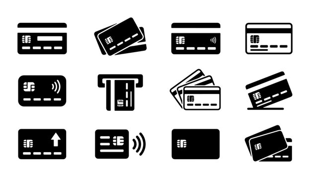 Credit Card Icons Set, Payment Plastic Card Symbols, Financial Transaction Vector Graphics, Digital Wallet & ATM Machine Icons