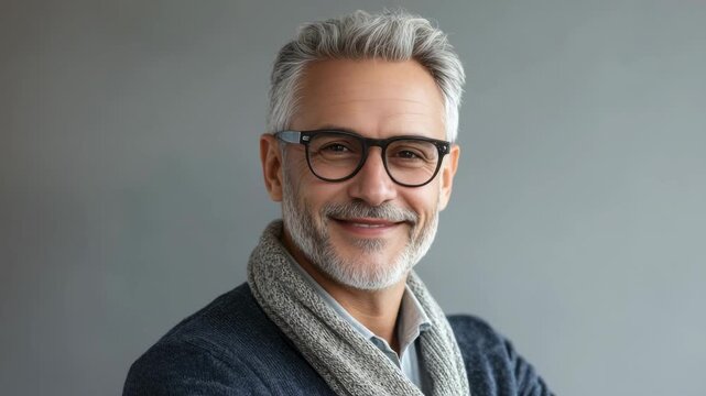 A man with glasses and a beard is smiling towards the camera while wearing a sweater and has a professional demeanor.