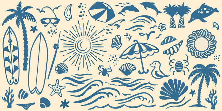 Coastal Elements Illustration Surfboards Palm Trees And Marine Life