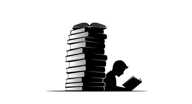 Silhouette of a student reading a book by a stack of books