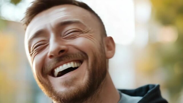 A joyful young man with a broad smile on his face and laughter in his eyes.