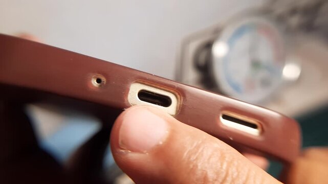 Macro Shot of USB Type-C Port on Modern Smartphone, Close Up