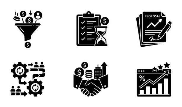 Business Process Icons Set: Sales Funnel, Time Management, Proposal, Teamwork, Partnership, Growth Chart