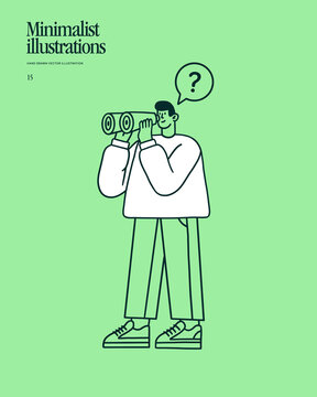 Man looking through binoculars with a question mark, symbolizing search, curiosity, uncertainty, and exploration. Minimalist flat line illustration for business, education, apps, and web design.