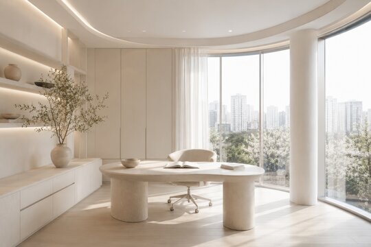 Modern luxury home office interior with desk and scenic garden or ocean view.