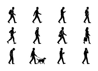 Obraz premium Diverse Human Silhouettes Collection, 12 Walking and Running Poses, Business and Casual Figures, Vector Icons for Mobility and Activity Concepts