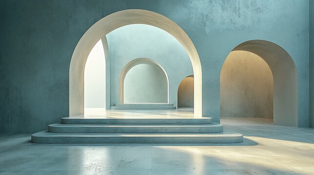 Serene architectural arches, light, stairs, interior, minimalist design, product display