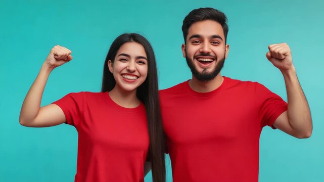 Joyful moment shared by two individuals wearing matching red shirts. They are smiling and raising their fists in triumph.
