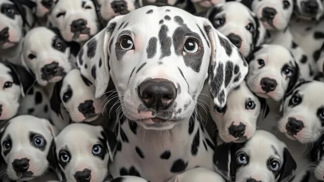 Cute Dalmatian puppies surround a central puppy. Soft lighting highlights their black spots and eyes. They look directly at the camera with innocent expressions. Puppies are close together