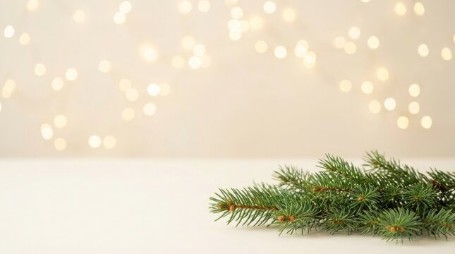 Green pine branch with snowflakes background