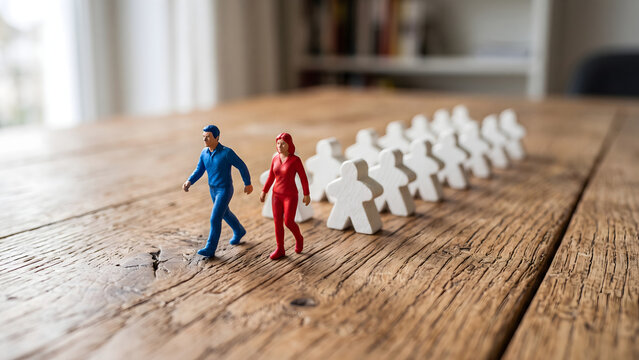 Miniature business leader figures leading a team of white pawns on wooden table, representing leadership and diversity
