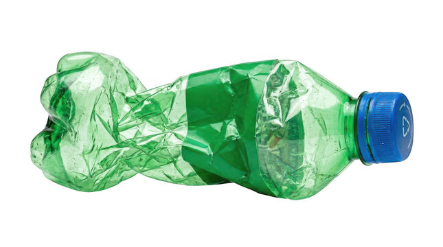 Crushed empty green plastic bottle isolated on transparent background