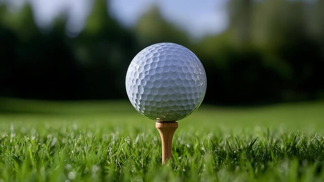 A single golf ball on a manicured green with grass blades visible in the foreground and blurred trees in the background.