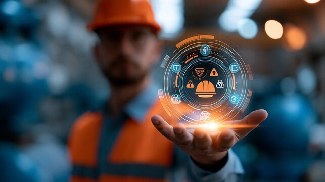 Close-up of industrial worker hand holding glowing digital interface with safety first icons and risk management symbols in manufacturing plant, defocused background, with copy
