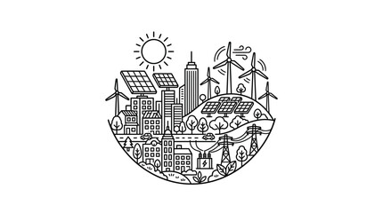 Fototapeta premium Industrial Black and White Line Art of Sustainable City with Solar Panels Wind Turbines and Green Energy Symbols