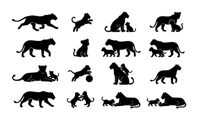 Fototapeta premium Silhouette Big Cat Family Vector Icons, Majestic Lion and Cub Poses, Wild Animal Graphics for Nature and Wildlife Designs