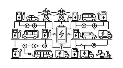 Obraz premium Modern Black and White of Electric Vehicle Charging Network and Smart Grid System with Icons with high quality professional line art symbols for modern creative design and digital branding projects