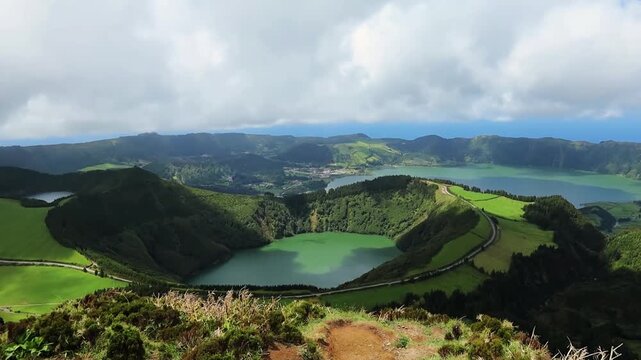 Amazing view of the Sete Cidades lakes from the viewpoint Azores Portugal