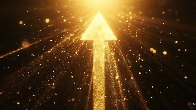 A golden arrow directs upward surrounded by rays of light and shimmering particles in a bright setting