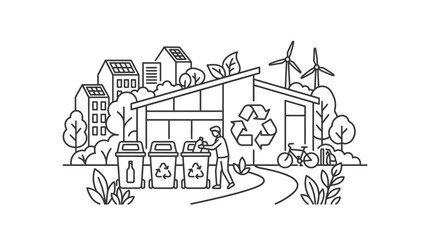 Obraz premium Elegant Black and White Line Drawing of Sustainable Urban Living with Recycling Wind Turbines and Eco Friendly Buildings