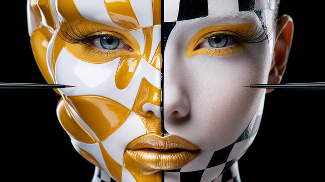 Kunstvolles Bodypainting teilt Gesicht in Gold und Schachbrettmuster