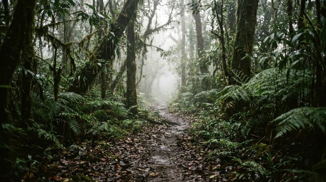 Misty rainforest path in tropical indonesian jungle