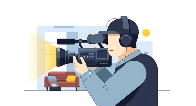 Cameraman filming video with professional camera and headset