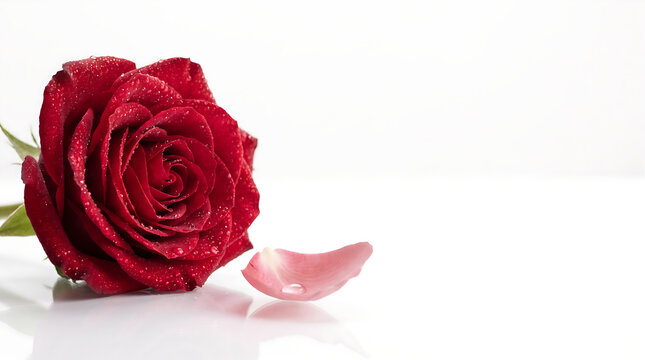 Red Rose lying on White Reflective Surface with Fallen Petal and Water Droplets
