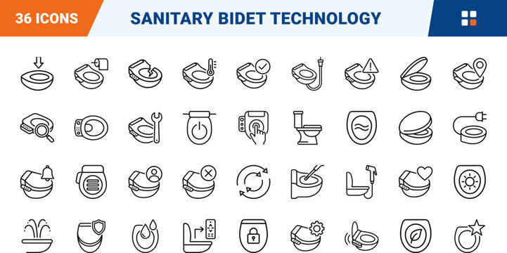 Bidet Web Icon Set in Linear Style. Collection of Sanitary Seat line icons, including spray, nozzle, heating, remote, hygiene, temperature, wash, repair and more.