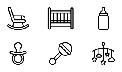 Baby Nursery Icons Set, Newborn Essentials Collection, Infant Care Objects, Rocking Chair, Crib, Bottle, Pacifier, Rattle, Mobile, Vector Graphics