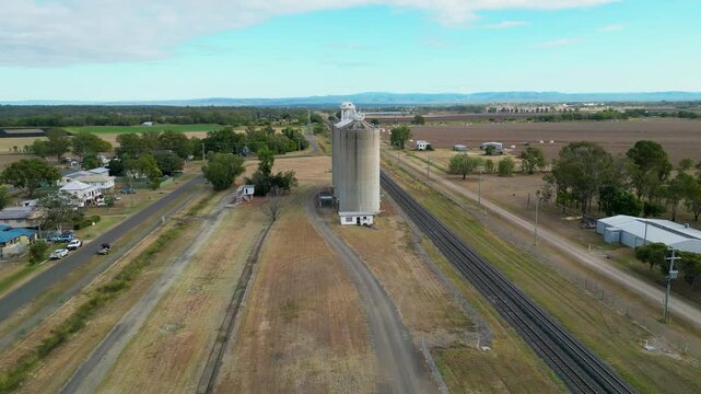 Drone footage of a grain silo and railway track in Queensland Australia