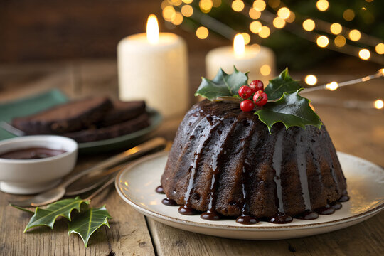 Christmas Pudding with Chocolate Sauce, Traditional Holiday Fruitcake, Festive Christmas Dessert Pudding, Classic English Christmas Pudding, Chocolate Covered Holiday Pudding