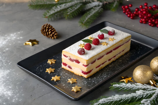Christmas Berry Layer Cake, Festive Raspberry Cream Cake Slice, Holiday Layered Sponge Cake, Winter Berry Dessert Cake, Elegant Christmas Cake with Gold Stars