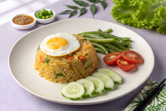 Fried Rice with Sunny Egg and Fresh Vegetables, Asian Egg Fried Rice Bowl, Healthy Vegetable Fried Rice Plate, Thai Style Fried Rice with Egg, Colorful Fried Rice Breakfast Dish