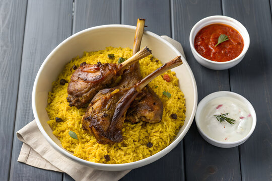 Lamb Shanks on Saffron Rice, Roasted Lamb with Yellow Rice Bowl, Middle Eastern Lamb and Rice Platter, Spiced Lamb Shanks Dinner, Gourmet Lamb Rice with Sauces