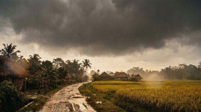 Monsoon storm over tropical village rice fields