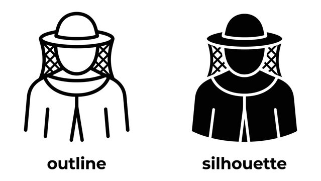 Beekeeper Icon Outline and Silhouette: A clear visual comparison showcasing the outline and silhouette of a beekeeper, identified by their protective veil and suit.