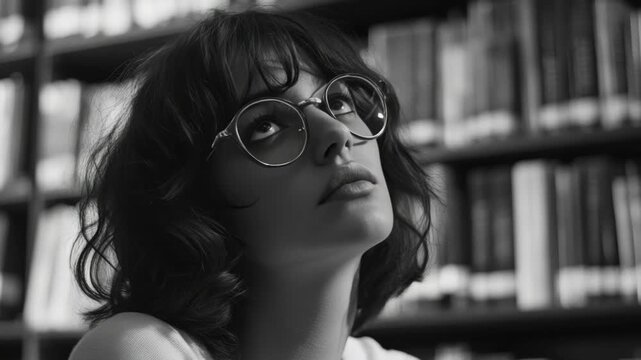 A person in glasses and a vintage style jacket, lost in thought amidst a bookshelf