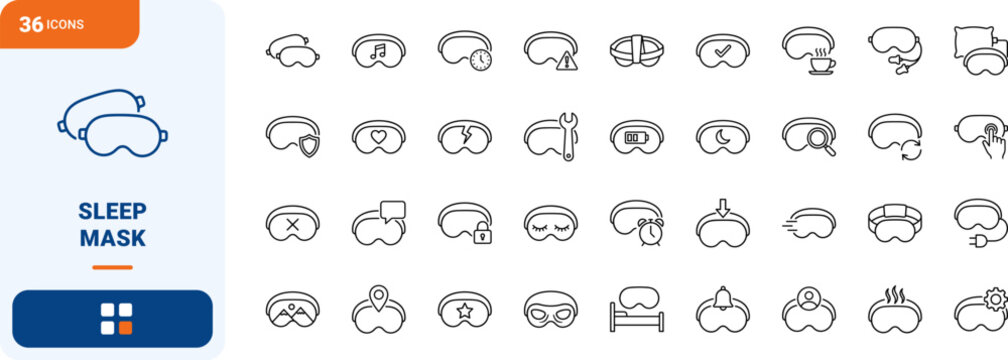 Sleep Mask Web Icon Set in Linear Style. Collection of Night Eyewear line icons, including check mark, security, settings, heart, moon, battery, repair, pillow and more.