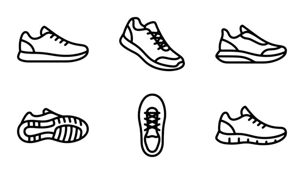 Six Vector Icons of Athletic Sneakers, Running Shoes, and Casual Footwear, Versatile for Sports and Fashion Graphics