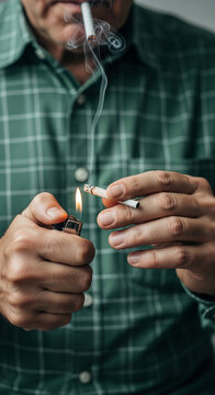 Man lighting cigarette with a lighter, smoke rising. Concept of habit, addiction, or a moment of reflection, with free space for text or advertisement