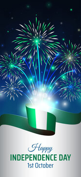 Happy nigeria independence day october 1, nigerian flag and colorful fireworks on blue night sky background. Nigeria national holiday october 1st. Independence day wallpaper smartphone. Vector
