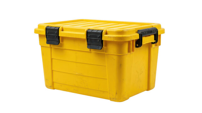 Yellow plastic storage box with lid isolated on transparent background