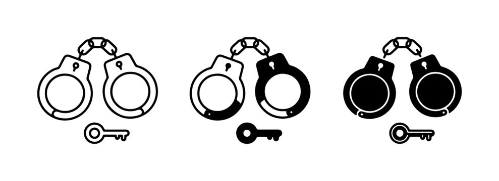 Handcuffs and Key Icons, Arrest Symbol, Law Enforcement and Justice Vector Graphics, Crime and Security Concepts