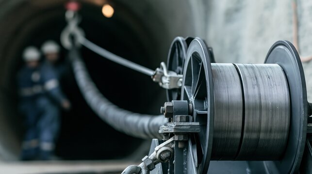 Underground utility tunnel cable winch pulling cable in sharp focus and blurred utility workers behind. Concept of city infrastructure maintenance.