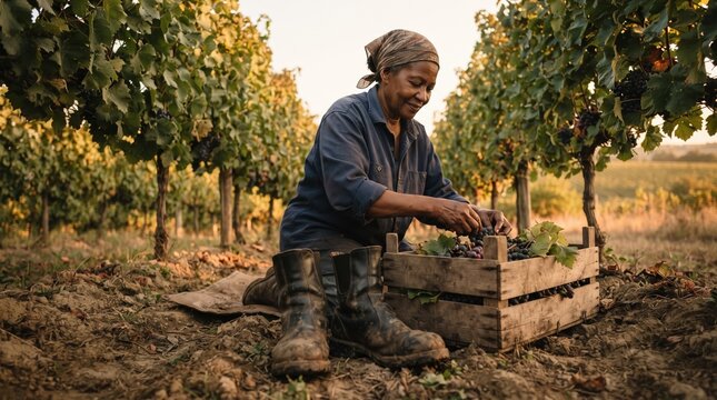 Amidst rows of green vines, a woman smiles while carefully picking ripe grapes and placing them in a wooden crate, embraced by warm sunlight during the harvest season.