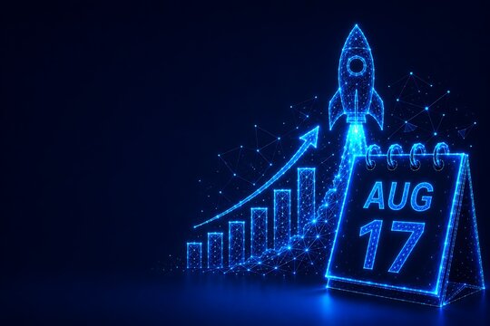 Abstract digital business growth chart with rocket and august 17th date.august calendar background with icon calendar business technology.august calendar background with icon