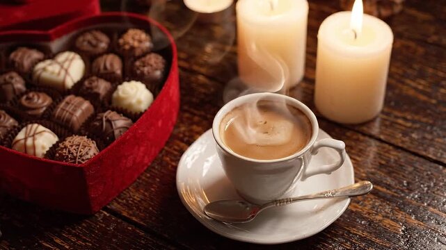 Heart-shaped box filled with assorted chocolates beside steaming coffee cup and lit candles on rustic wooden table, creating a cozy atmosphere for a romantic evening